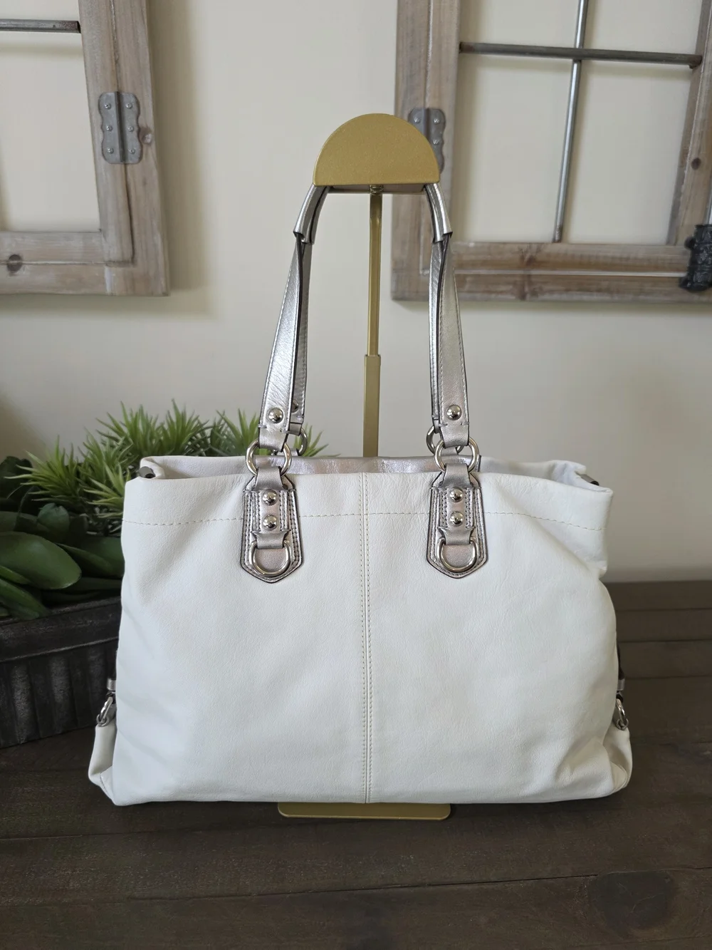 Coach White Leather Tote with Silver Accents